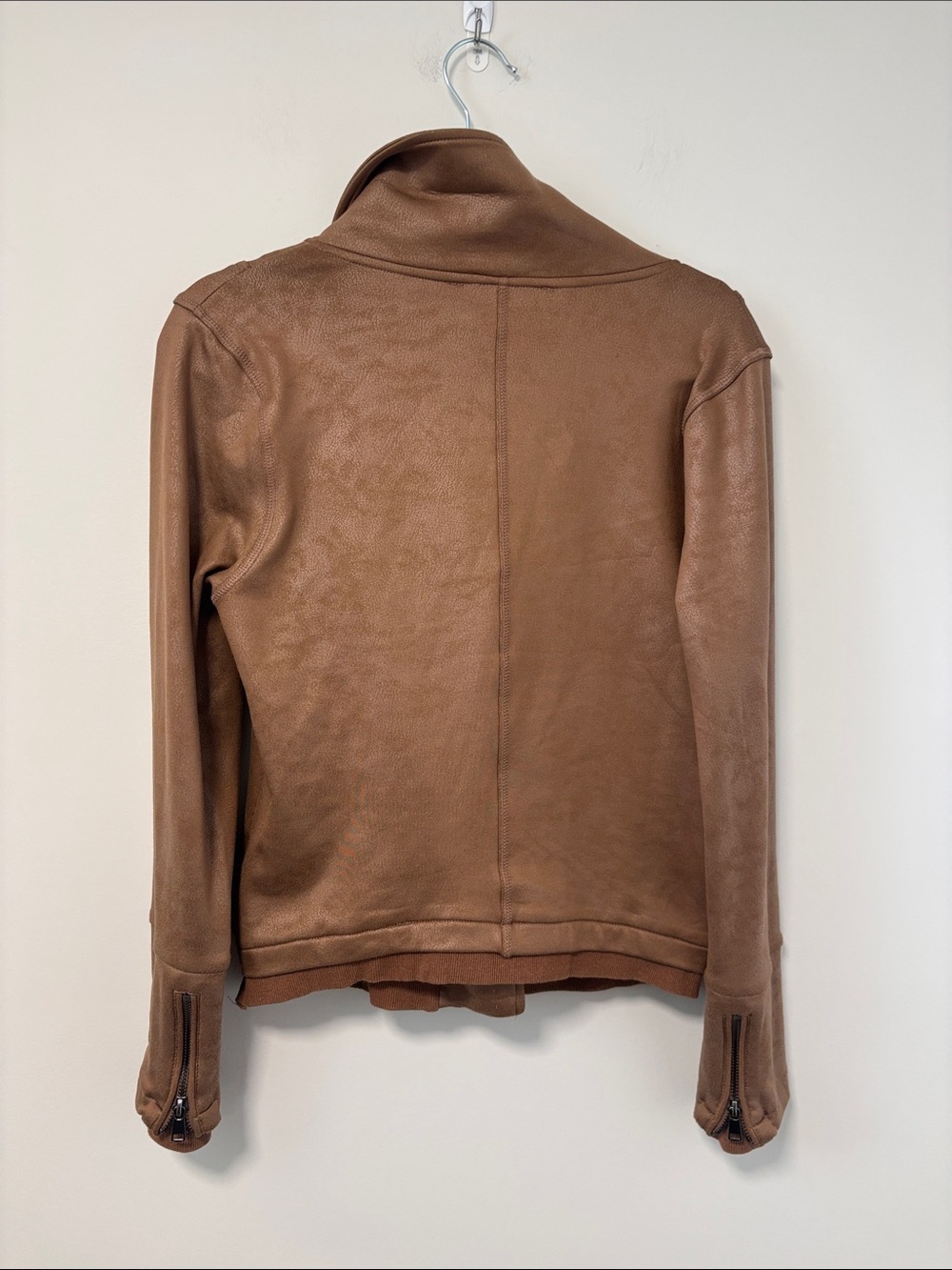 Dance & Marvel Tan Asymmetrical Zip Bomber Jacket-leather look sweatshirt - Picture 8 of 9